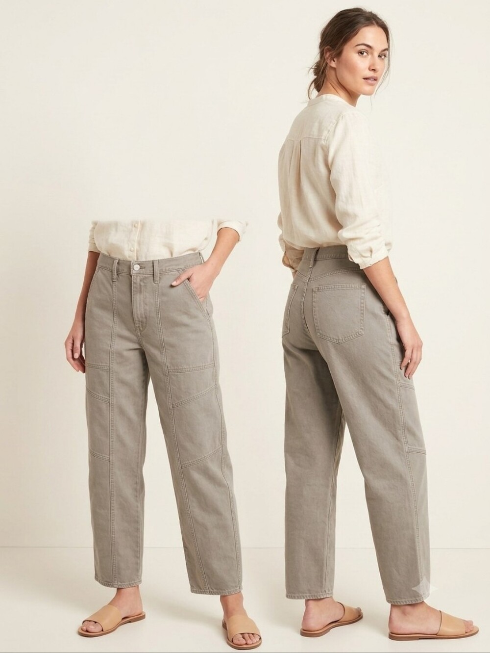 These are the Gap Women's High Rise Barrel Jeans in a khaki/tan wash.